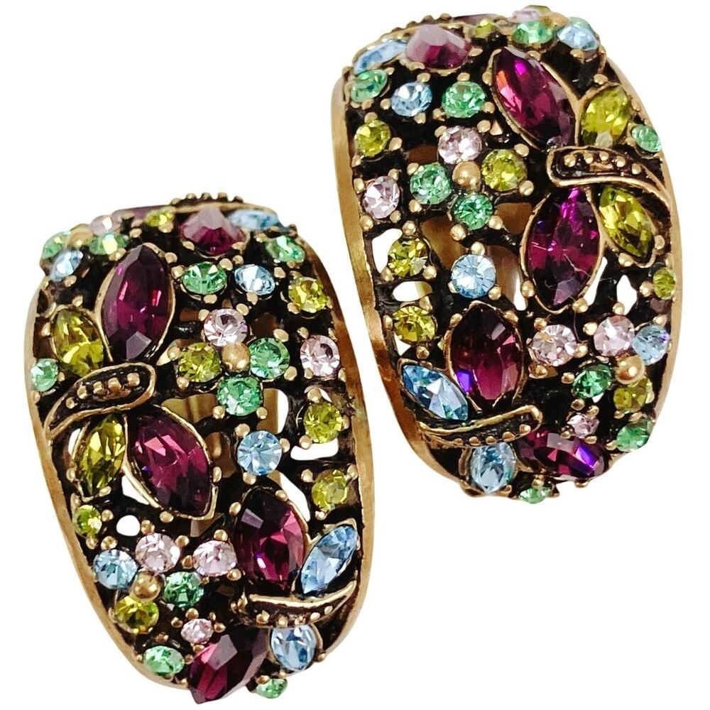 VTG Signed Heidi Daus Gold Tone Multicolor Dragonfly Clip On Earrings Elegant